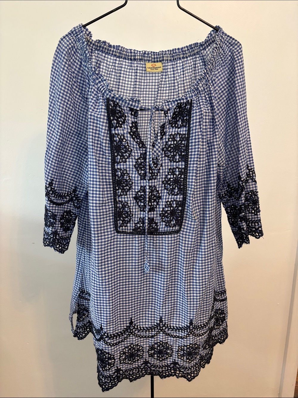 Blue Gingham Eyelet Embroidered Peasant Top